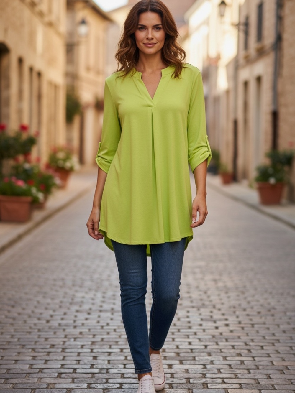 Dear Scarlett Lizzy Lime Green V-Neck Roll-Tab Tunic - Picture 7 of 7